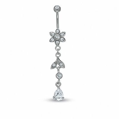 014 Gauge Cubic Zirconia Flower and Leaf Belly Button Ring in Stainless Steel