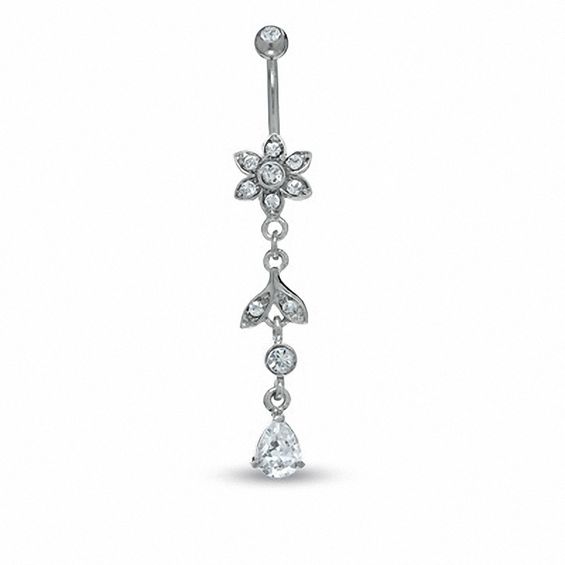 014 Gauge Cubic Zirconia Flower and Leaf Belly Button Ring in Stainless Steel