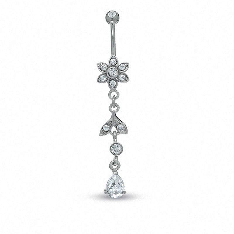Main Image 1 of 014 Gauge Cubic Zirconia Flower and Leaf Belly Button Ring in Stainless Steel