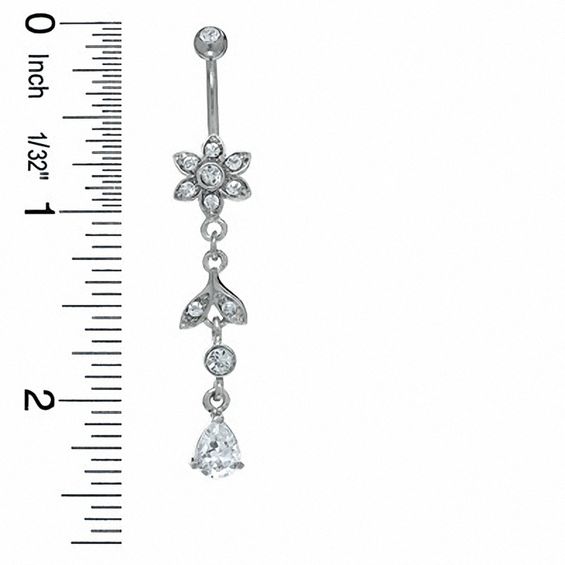 014 Gauge Cubic Zirconia Flower and Leaf Belly Button Ring in Stainless Steel