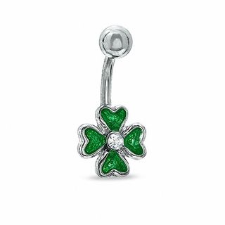 014 Gauge Green Enamel Shamrock Belly Button Ring with Crystals in Stainless Steel