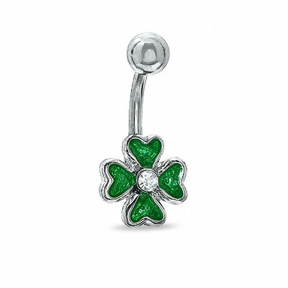 014 Gauge Green Enamel Shamrock Belly Button Ring with Crystals in Stainless Steel