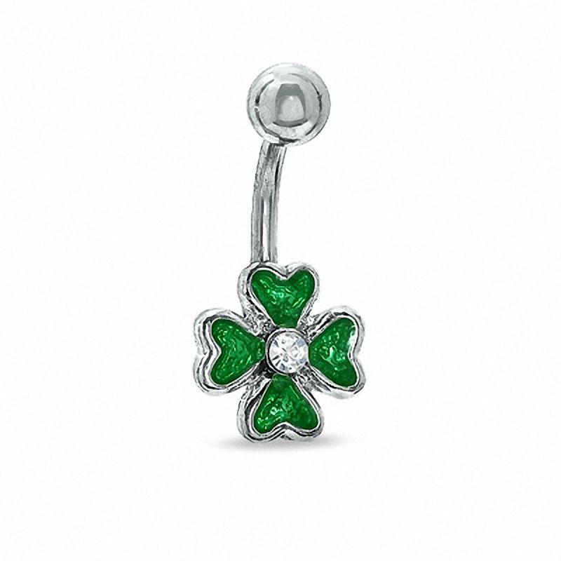 Main Image 1 of 014 Gauge Green Enamel Shamrock Belly Button Ring with Crystals in Stainless Steel