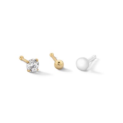 14K Hollow and Semi-Solid Gold CZ Nose Stud Set