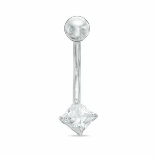 10K White Gold CZ Princess-Cut Belly Ring - 14G 3/8"