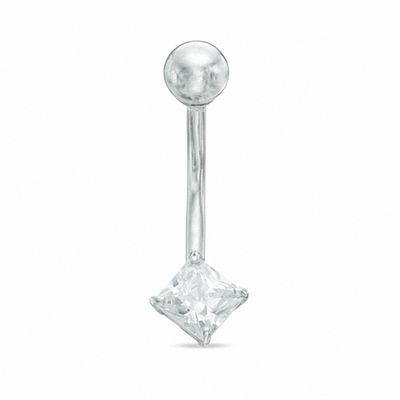 10K White Gold CZ Princess-Cut Belly Ring - 14G 3/8"