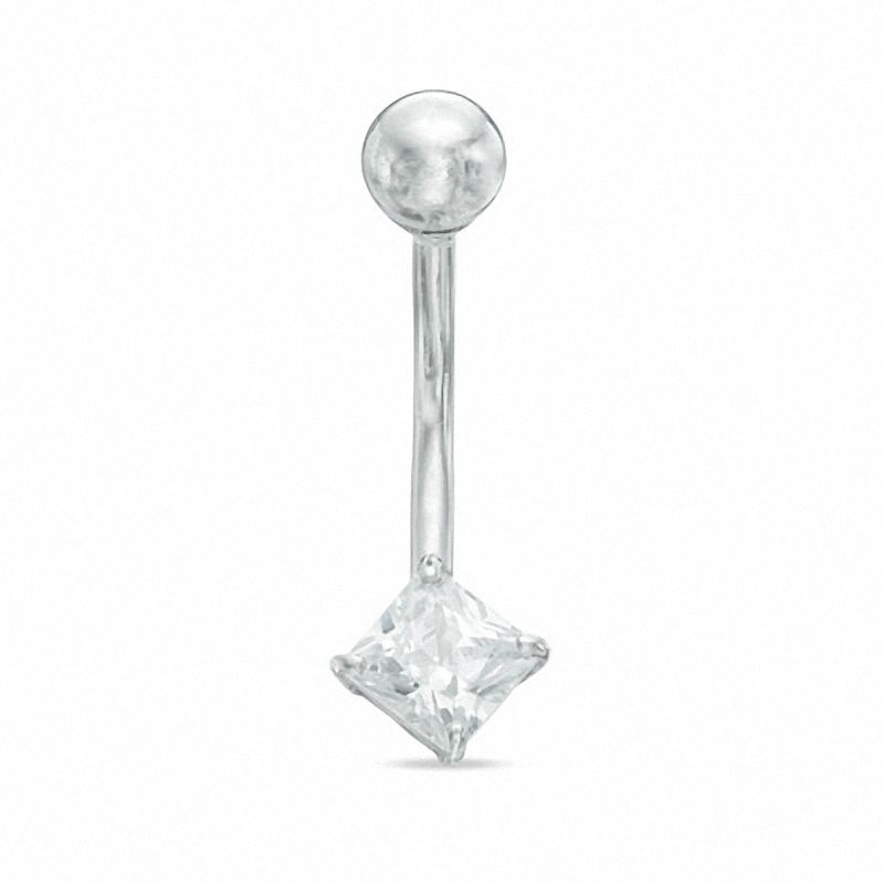 10K White Gold Princess-Cut Belly Ring - 14G 3/8"