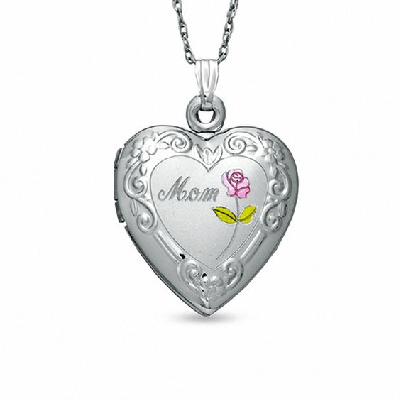 "Mom" and Rose Heart Locket in Sterling Silver