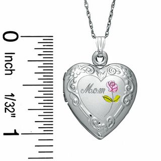 "Mom" and Rose Heart Locket in Sterling Silver