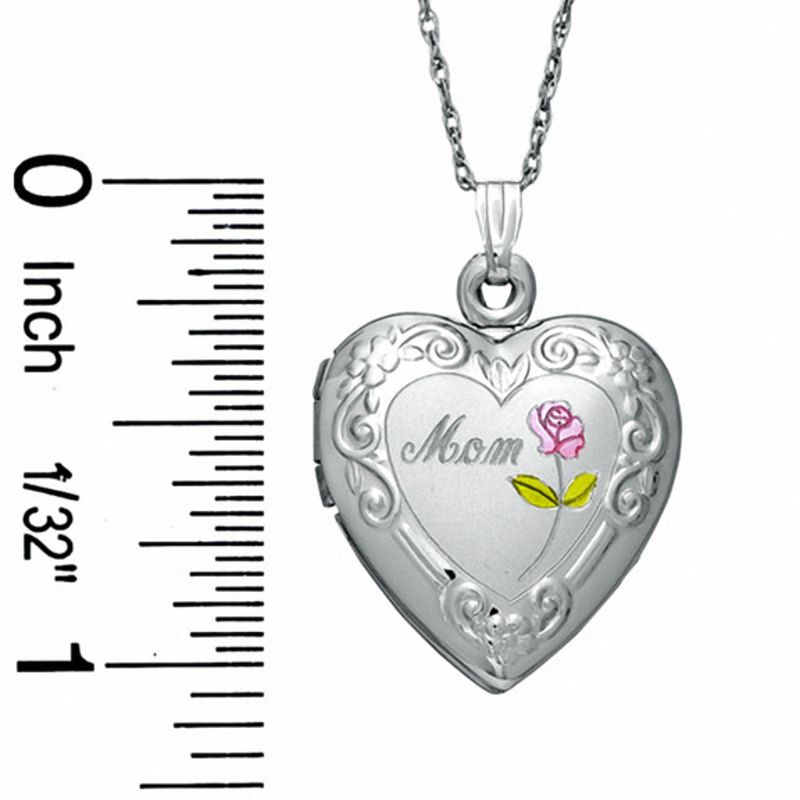 "Mom" and Rose Heart Locket in Sterling Silver