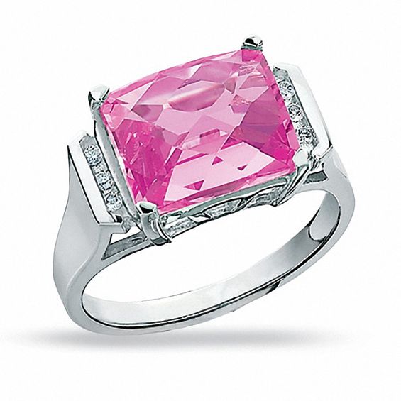 Lab-Created Pink Sapphire Ring in 10K White Gold with Diamond Accents - Size 7