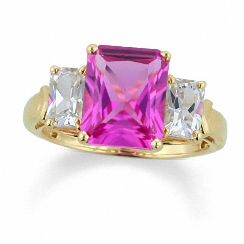 Lab-Created Pink and White Sapphire Three Stone Ring in 10K Gold - Size 7