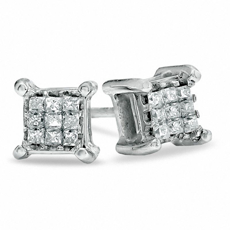Main Image 1 of 1/7 CT. T.W. Princess-Cut Diamond Illusion Stud Earrings in 10K White Gold