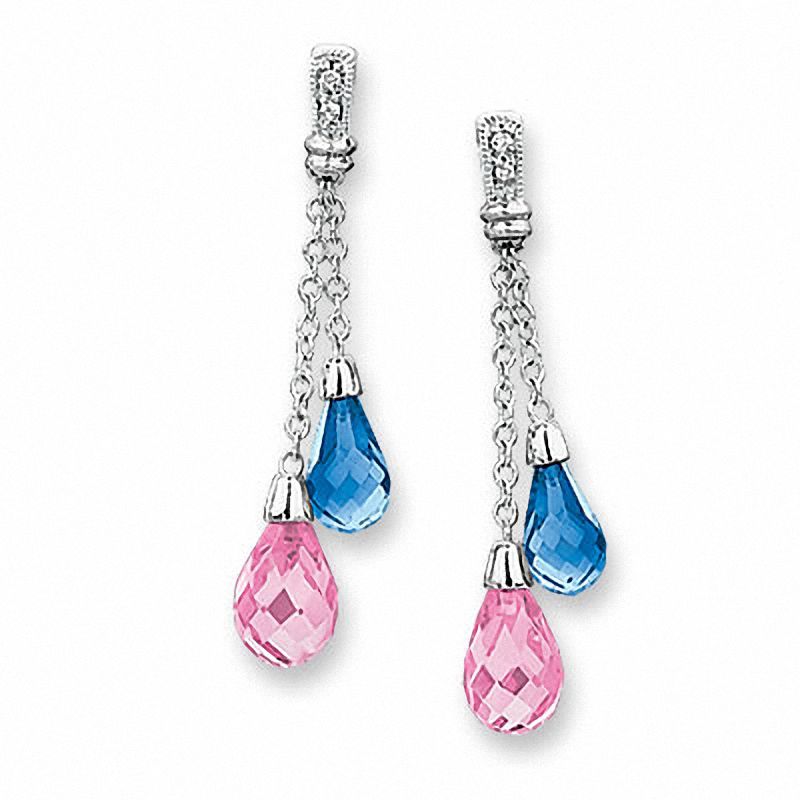 Briolette Drop Earrings with Pink & White Crystals in Sterling Silver 