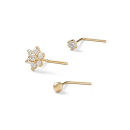 024 Gauge Solitaire and Flower Nose Stud Set with Cubic Zirconia in Solid 10K Gold