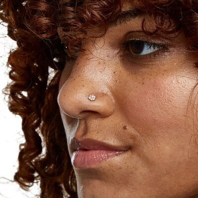 14K Gold CZ Solitaire and Flower Nose Stud Set