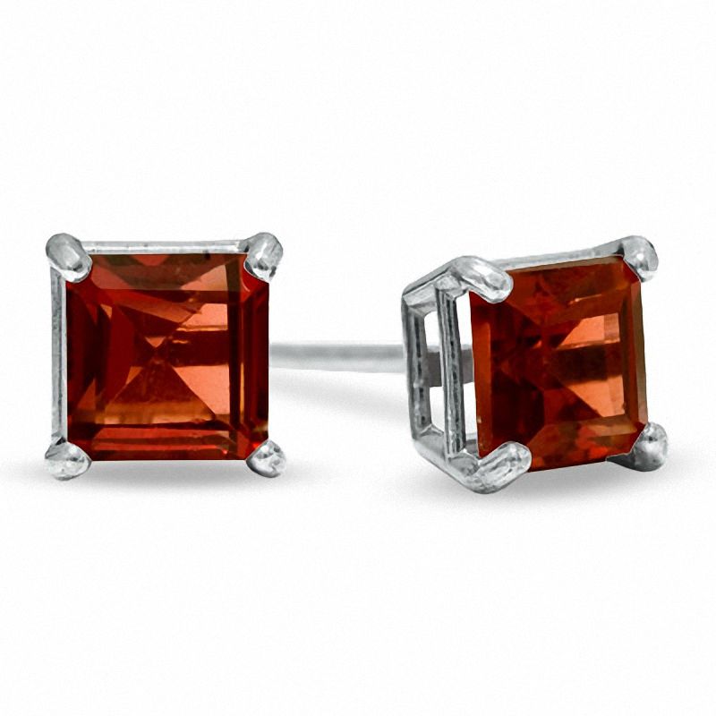 Main Image 1 of 4mm Princess-Cut Garnet Stud Earrings in 14K White Gold