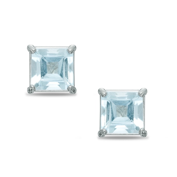 4mm Princess-Cut Aquamarine Stud Earrings in 10K White Gold