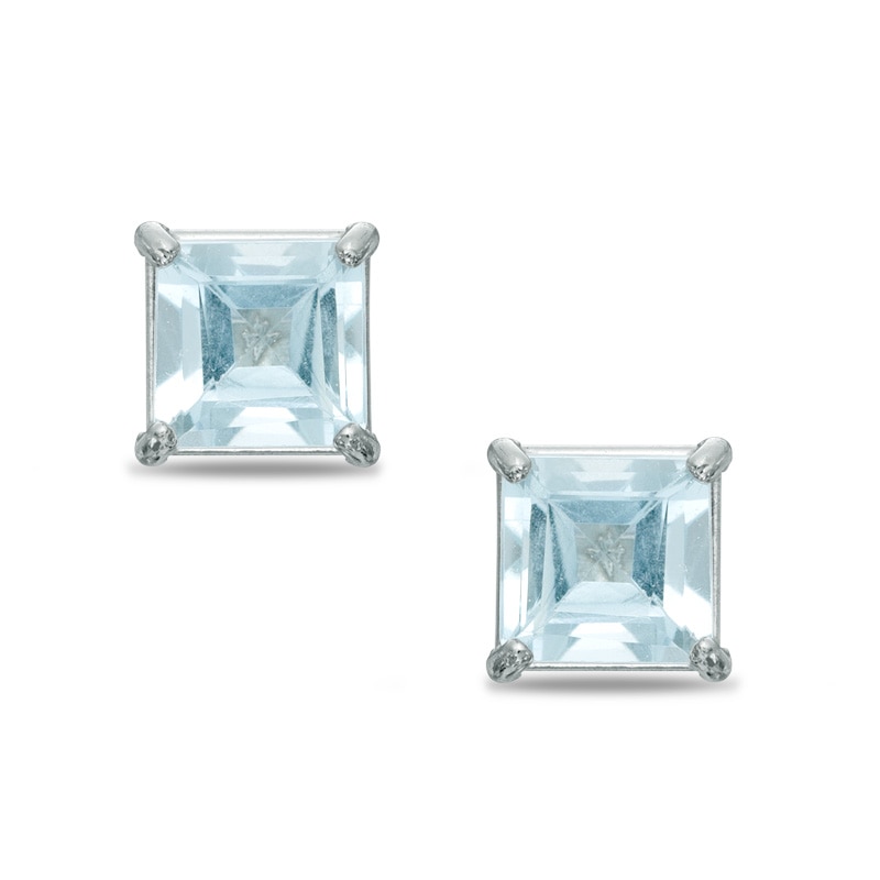 Main Image 1 of 4mm Princess-Cut Aquamarine Stud Earrings in 10K White Gold