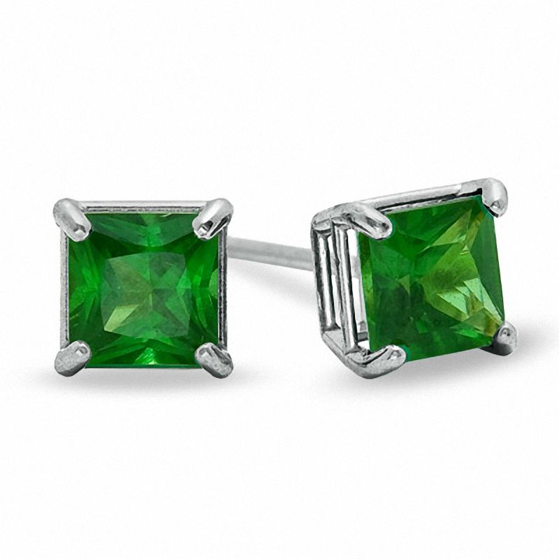 4mm Princess-Cut Emerald Stud Earrings in 14K White Gold