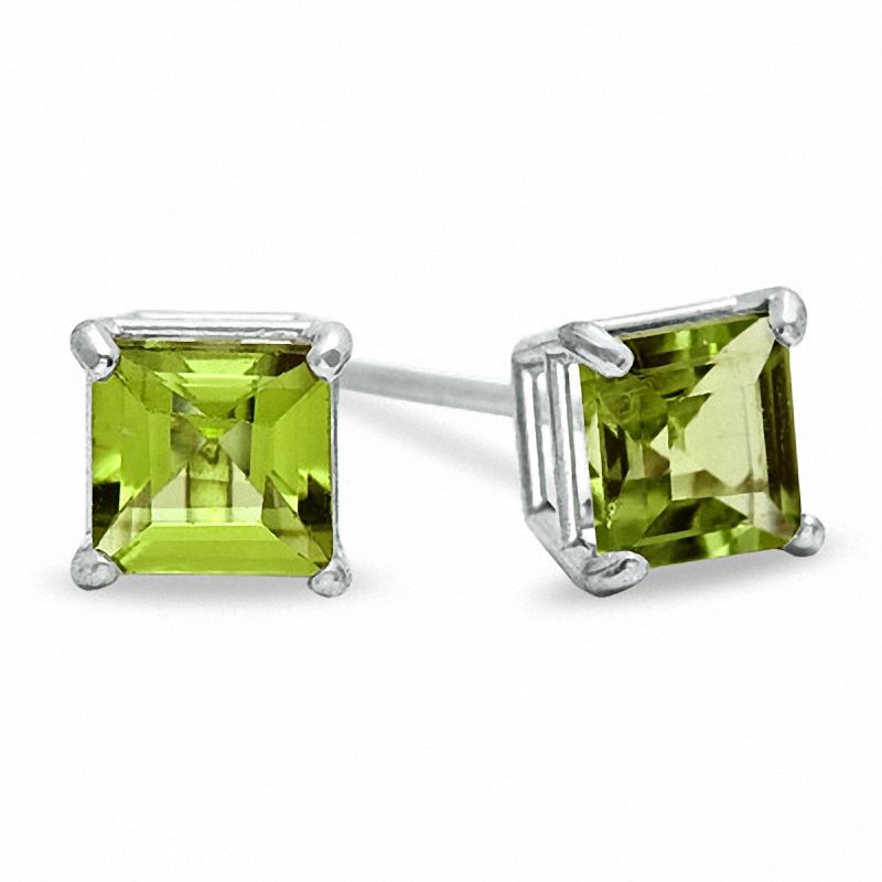 4mm Princess-Cut Peridot Stud Earrings in 10K White Gold