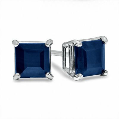 4mm Princess-Cut Blue Sapphire Solitaire Stud Earrings in 14K White Gold