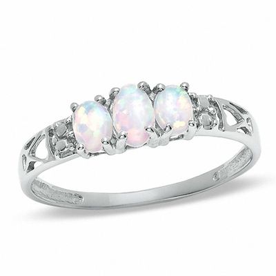 Oval Lab-Created Opal Three Stone Ring in 10K White Gold - Size 7