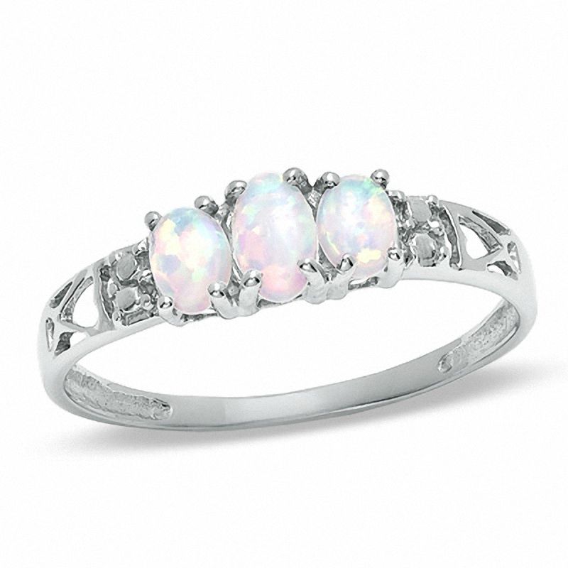 Oval Lab-Created Opal Three Stone Ring in 10K White Gold - Size 7