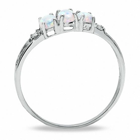 Oval Lab-Created Opal Three Stone Ring in 10K White Gold - Size 7