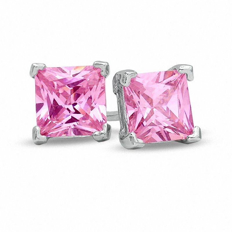 Main Image 1 of 5.0mm Princess-Cut Pink Cubic Zirconia Stud Earrings in Sterling Silver