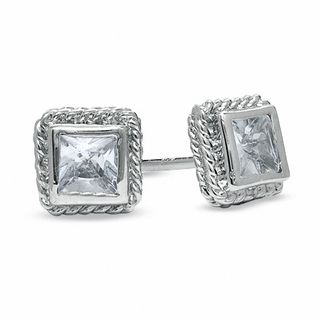 5.0mm Princess-Cut Cubic Zirconia Framed Stud Earrings in Sterling Silver