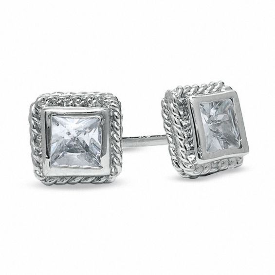 5.0mm Princess-Cut Cubic Zirconia Framed Stud Earrings in Sterling Silver