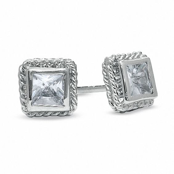 5.0mm Princess-Cut Cubic Zirconia Framed Stud Earrings in Sterling Silver