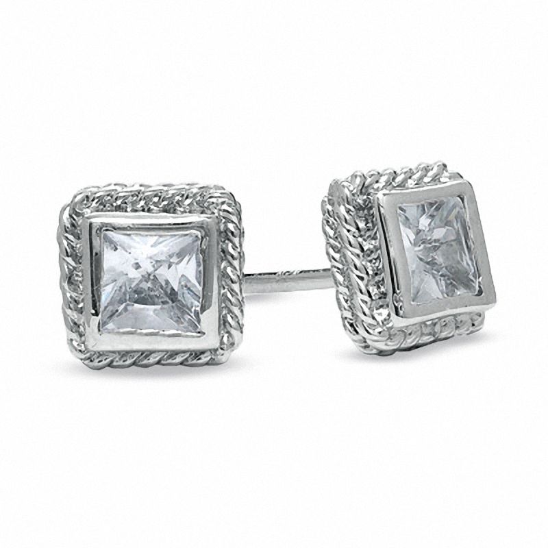 Main Image 1 of 5.0mm Princess-Cut Cubic Zirconia Framed Stud Earrings in Sterling Silver