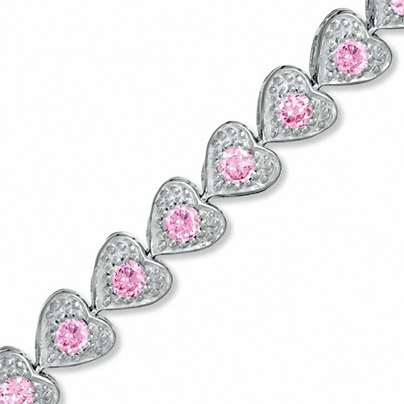 Main Image 1 of Pink Cubic Zirconia Hearts Tennis Bracelet in Sterling Silver - 7.25"