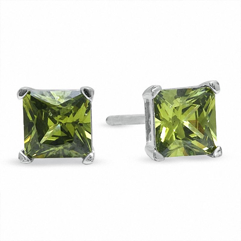 5.0mm Princess-Cut Olivine Cubic Zirconia Stud Earrings in Sterling Silver