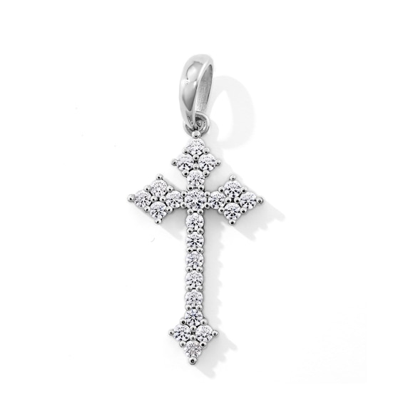Solid Sterling Silver CZ Fleur-de-Lis Cross Necklace Charm
