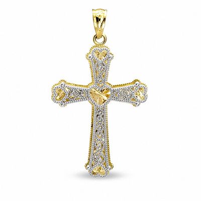 Filigree Cross Charm with Diamond-Cut Hearts in 10K Two-Tone Gold
