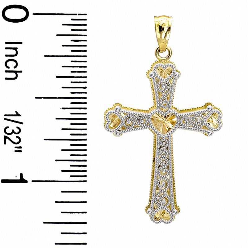 Main Image 2 of Filigree Cross Charm with Diamond-Cut Hearts in 10K Two-Tone Gold
