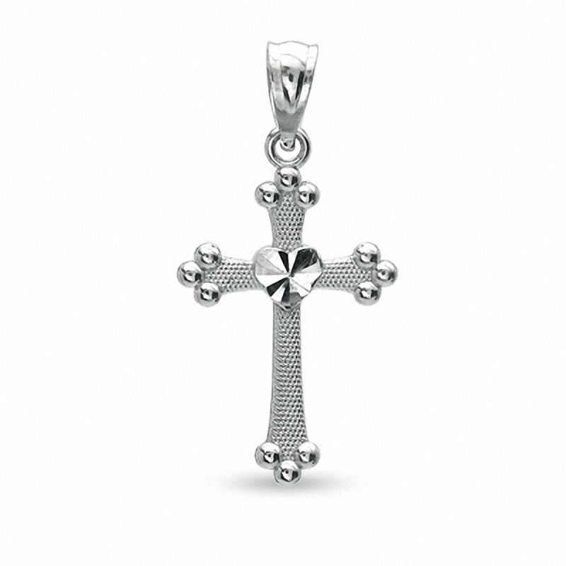 Main Image 1 of Budded Cross with Diamond-Cut Heart Charm in 10K White Gold