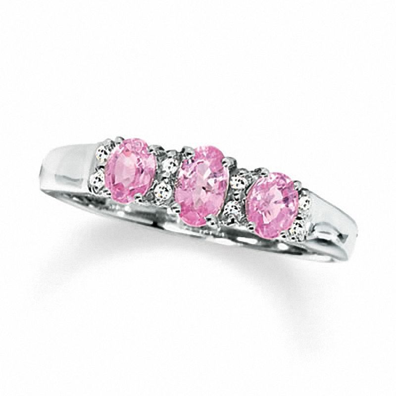 Pink Sapphire Three Stone Ring in 10K White Gold with Diamond Accents - Size 7