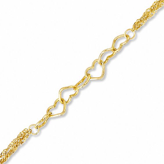 10K Gold Multi-Strand with Hearts Anklet - 10"