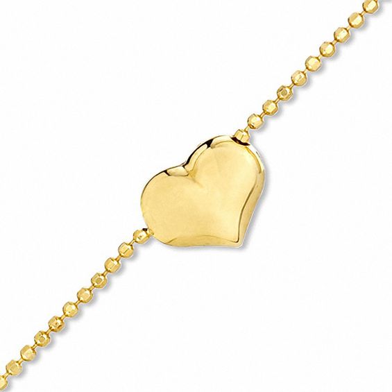 10K Gold Bead Chain Anklet with Puffed Heart - 10"