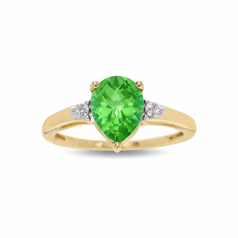 Main Image 1 of Pear-Shaped Lab-Created Emerald Ring in 10K Gold with Diamond Accents - Size 7
