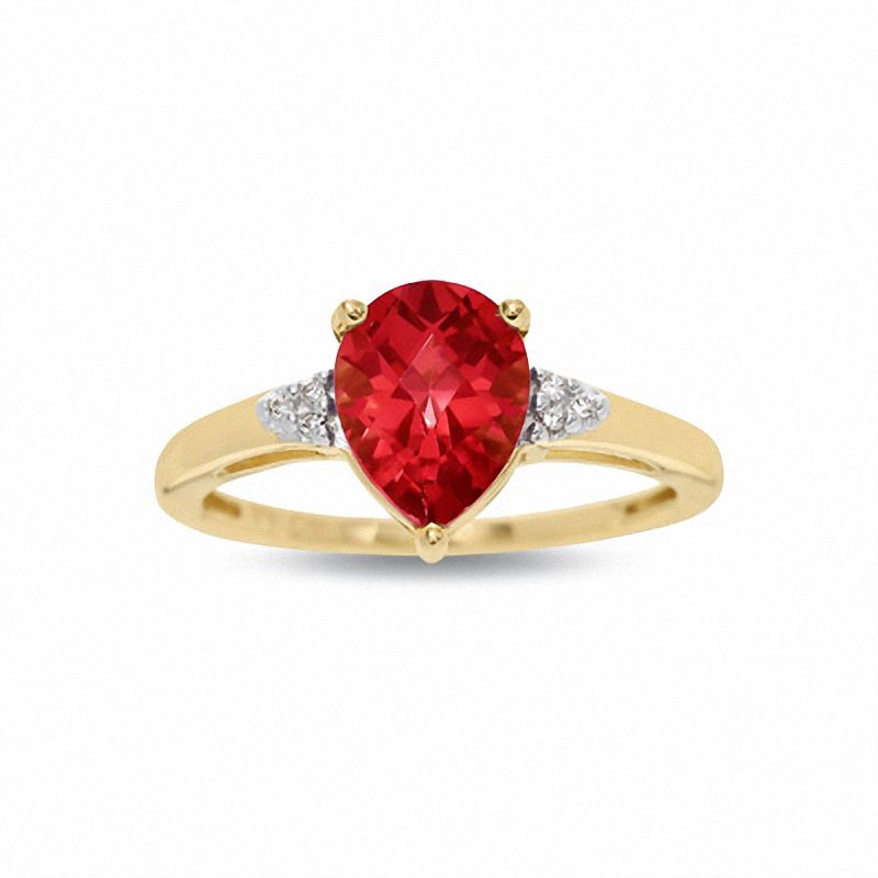 Main Image 1 of Pear-Shaped Lab-Created Ruby Ring in 10K Gold with Diamond Accents - Size 7