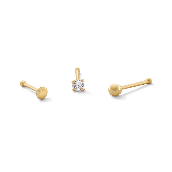 14K Hollow and Semi-Solid Gold CZ Nose Stud Set - 22G