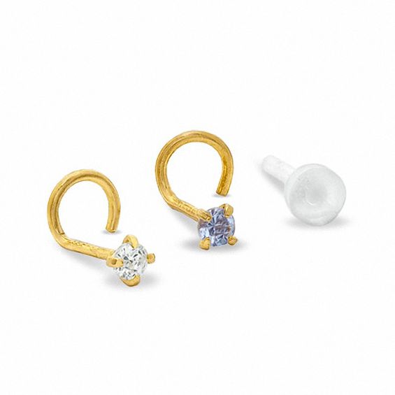 022 Gauge Nose Stud Set with Simulated Tanzanite and Cubic Zirconia in 14K Gold