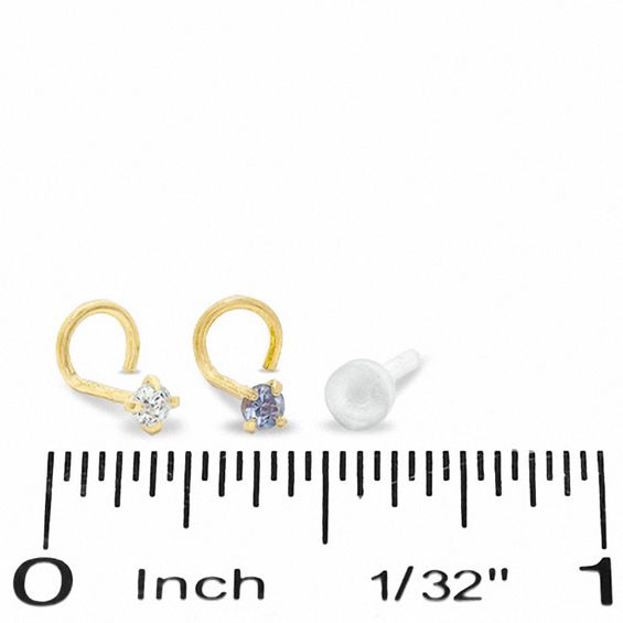 022 Gauge Nose Stud Set with Simulated Tanzanite and Cubic Zirconia in 14K Gold