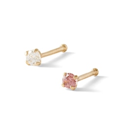 022 Gauge Nose Stud Set with Pink and White Cubic Zirconia in 14K Semi-Solid Gold