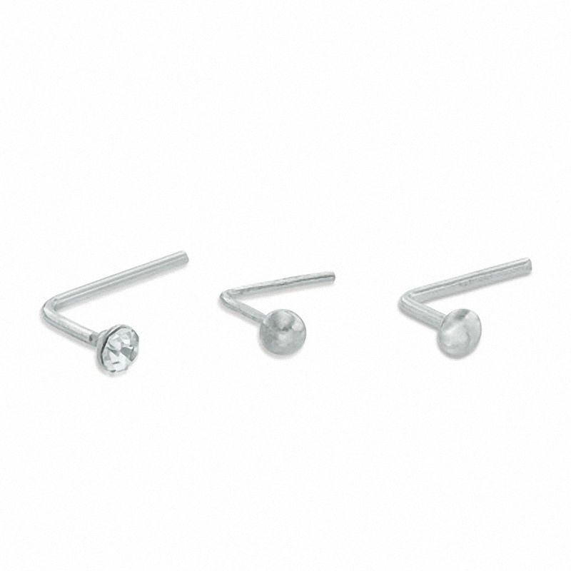 Semi Solid and Hollow Sterling Silver CZ L Shaped Nose Stud Set 22G Banter
